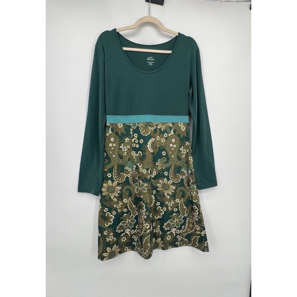 Prana Paisley A Line Jersey Knit Dress Sz L Long Sleeve Green Granola Athleisure